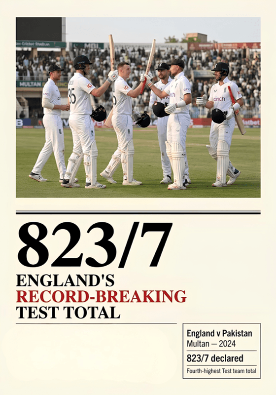 England players celebrate their record-breaking 823 for seven declared against Pakistan in Multan, 2024.
