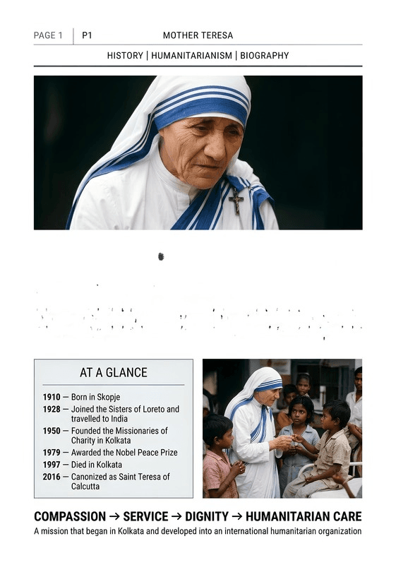 A portrait of Mother Teresa wearing the white sari with blue borders associated with the Missionaries of Charity.