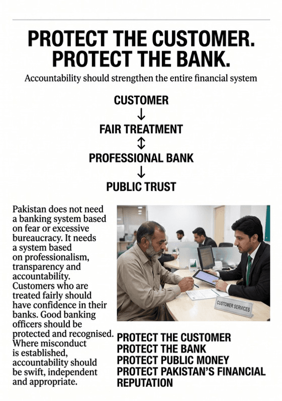 A bank customer-service desk in Pakistan, with an officer and a customer reviewing paperwork together.