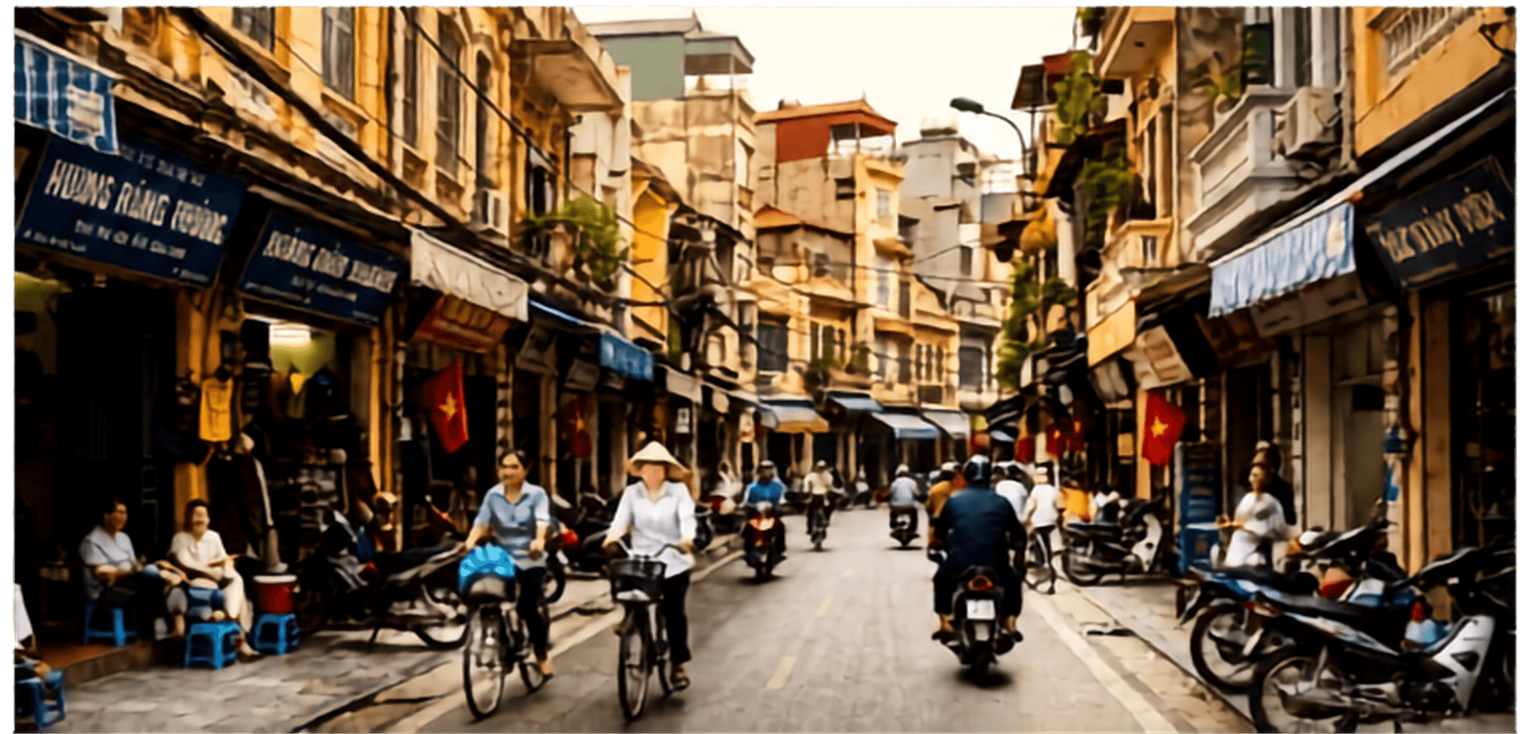 A street in Hanoi's Old Quarter, Vietnam, crowded with cyclists, motorbikes and shopfronts.